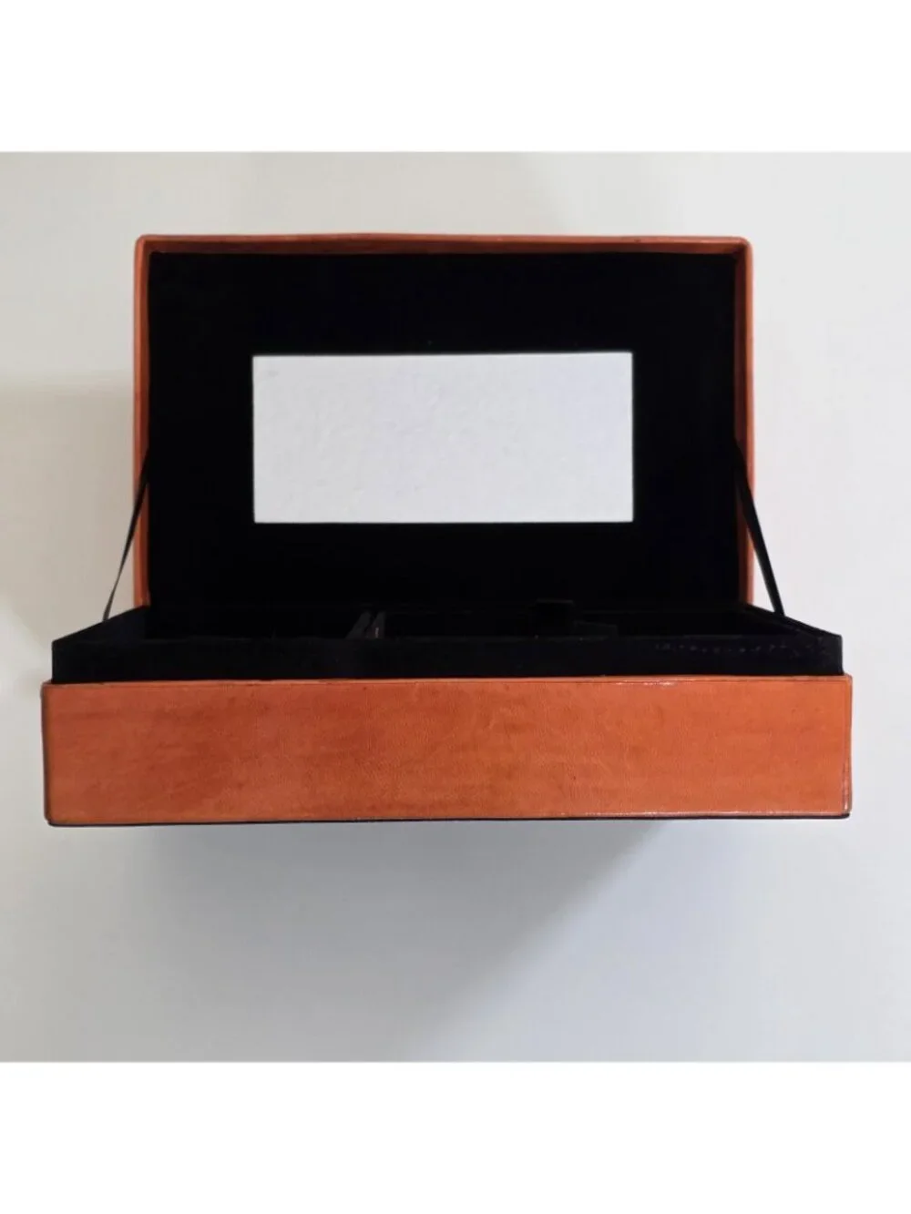 Jewelry Box Orange Pleather Texture Lid Black Velvet Inner Removable Tray Mirror